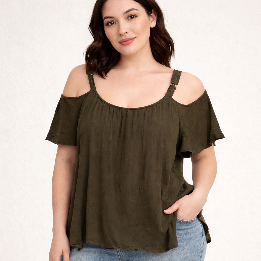 Torrid Olive Green Cold Shoulder Blouse Boho Gypsy Top Sz 2X Flowy